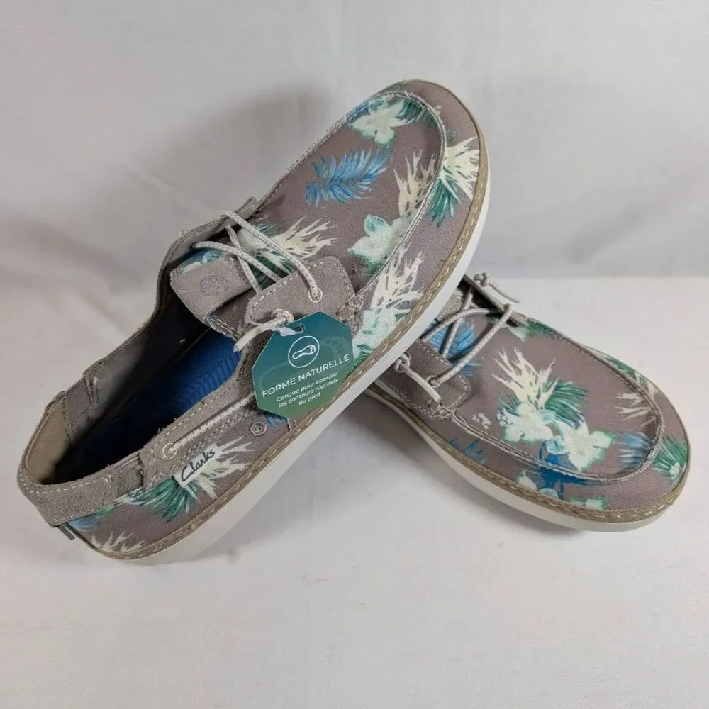 Clarks Higley Tie Floral Boat Shoes Men's 9 Gray Canvas Comfort Casual NWT